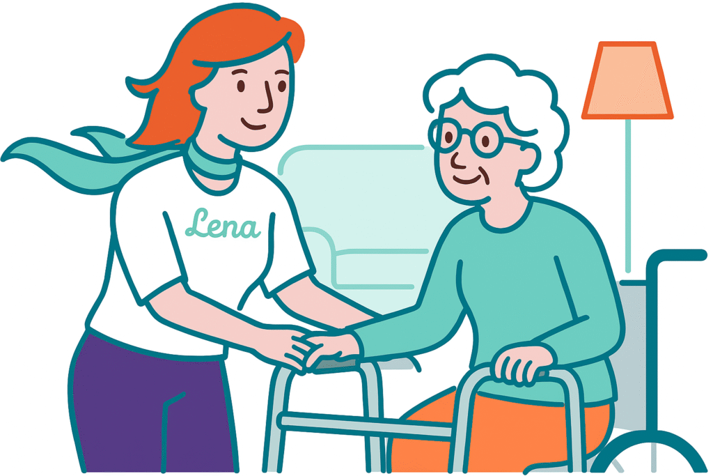 Lena ayuda a la señora mayor cuidado casa
